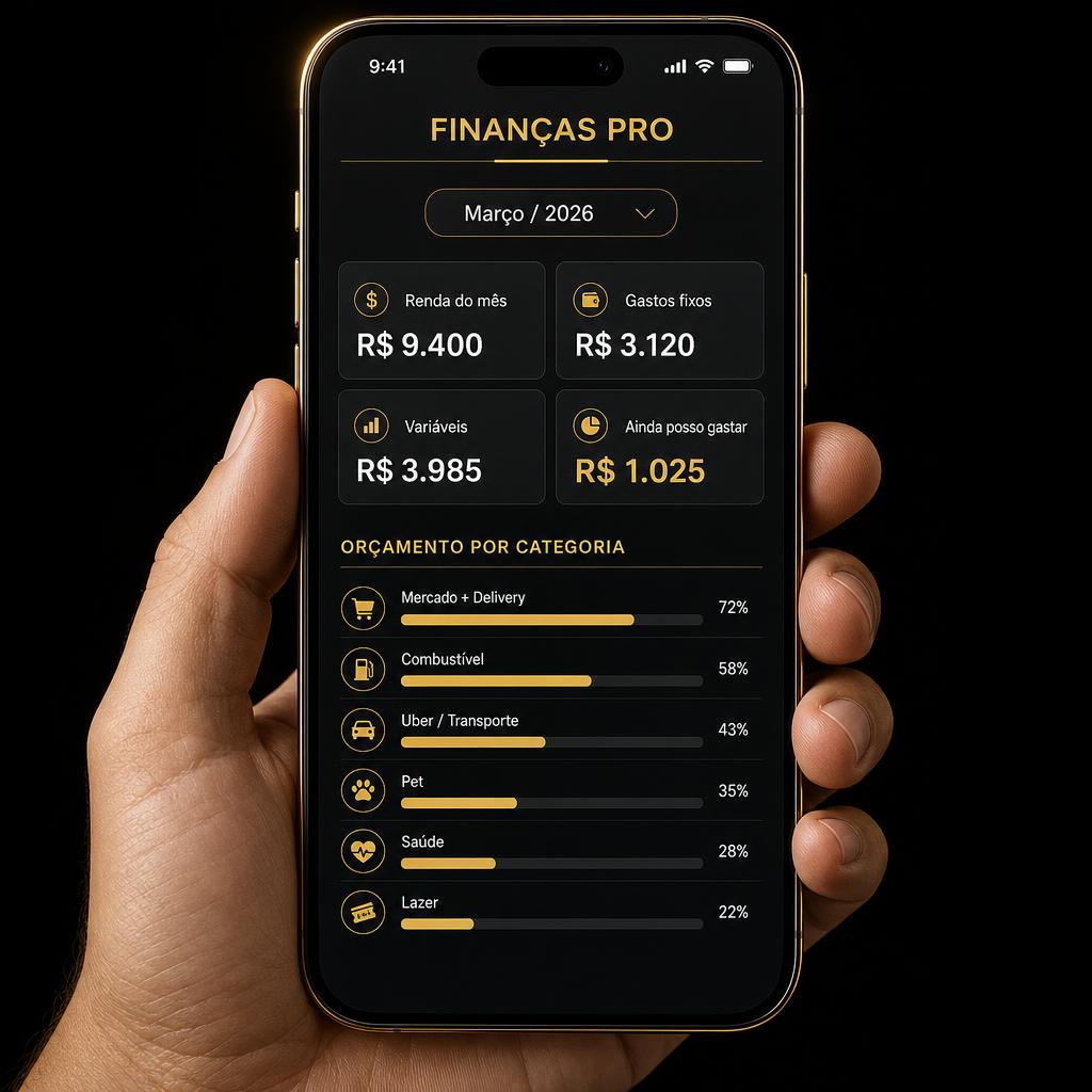 Dashboard do Finanças Pro aberto no celular, com orçamento por categoria em preto e dourado